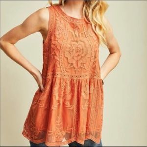 entro Sleeveless Embroidered Mesh Overlay Babydoll Loose Fit Flowy Tank Blouse